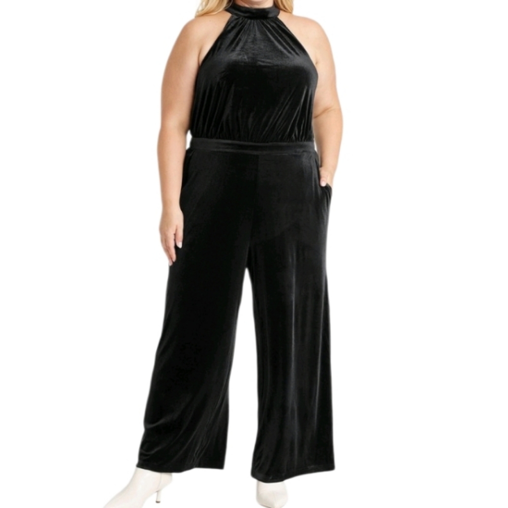 Ava & Viv Black Velvet Halter Jumpsuit